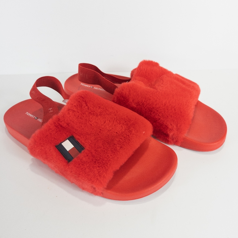 Tommy Hilfiger Twhahna Faux Fur Slingback Sandals Red -10 - Picture 5 of 7